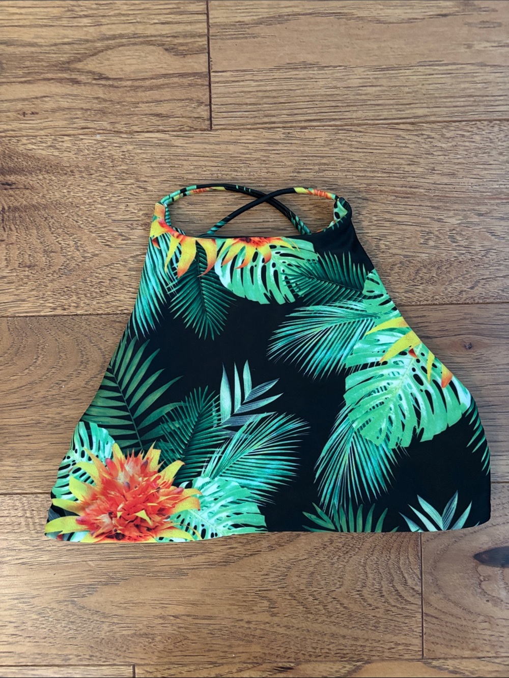 Stone Fox Swim Tropical High Neck Bikini Top in Black & Green with Orange Accent